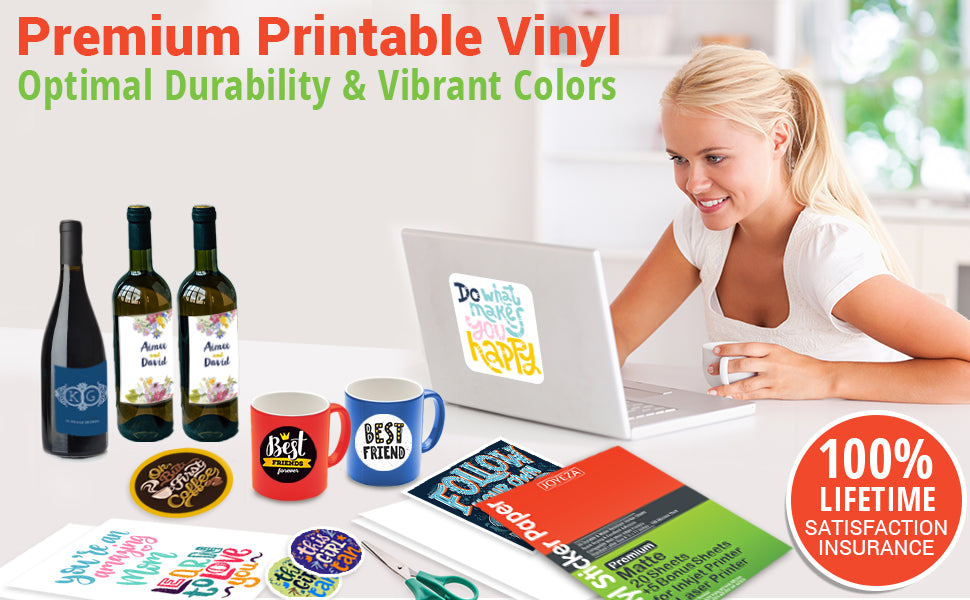 Premium Printable Vinyl Sticker Paper for Inkjet Printer - 25 Sheets Matte White Waterproof, Dries Quickly Vivid Colors, Holds Ink well- Tear Resistant - Inkjet & Laser Printer