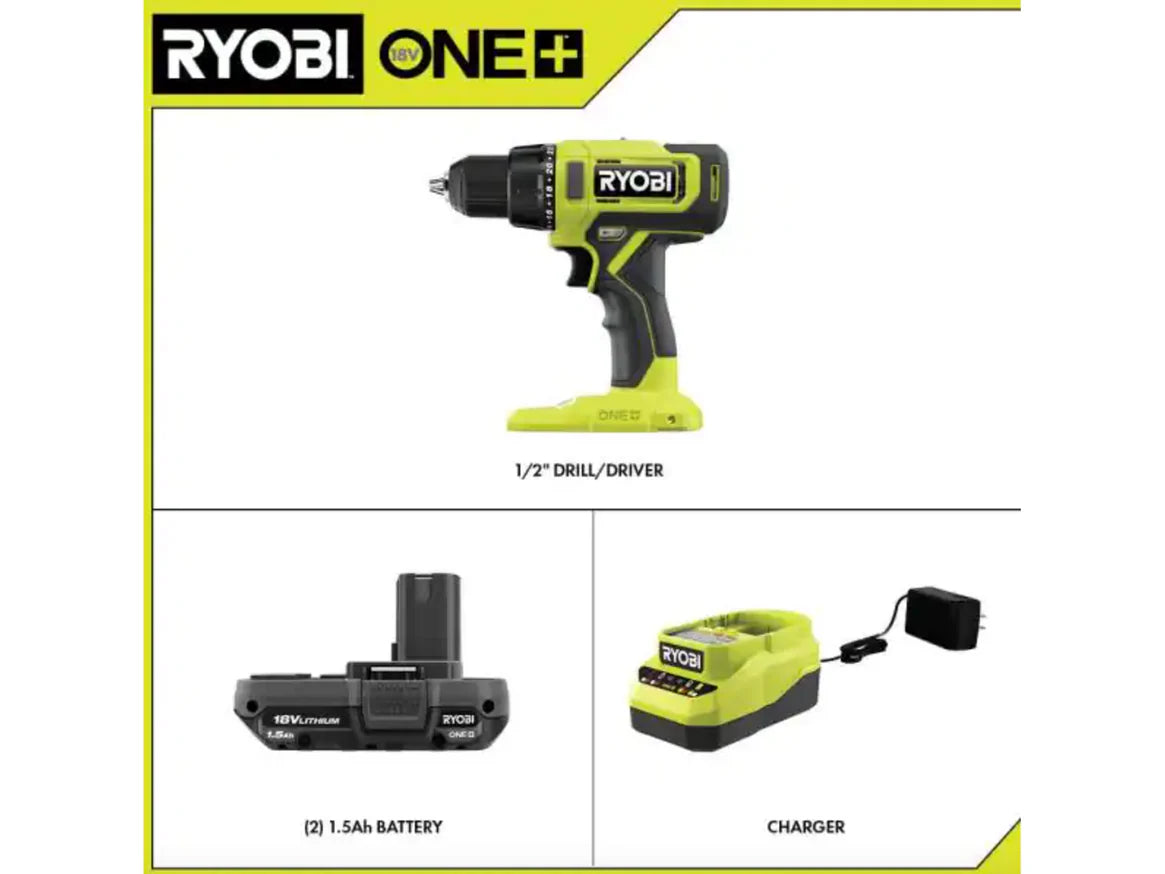 RYOBI ONE+ 18V Cordless 1/2 in. Drill/Driver Kit with (2) 1.5 Ah Batteries and Charger