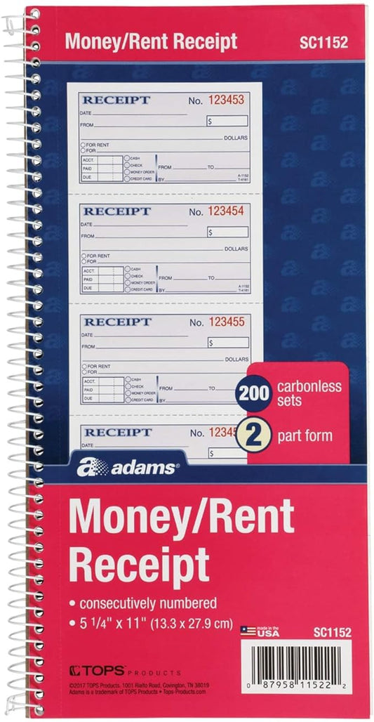 Money and Rent Receipt Book, 2-Part Carbonless, 5-1/4" x 11", Spiral Bound, 200 Sets per Book, 4 Receipts per Page (SC1152)