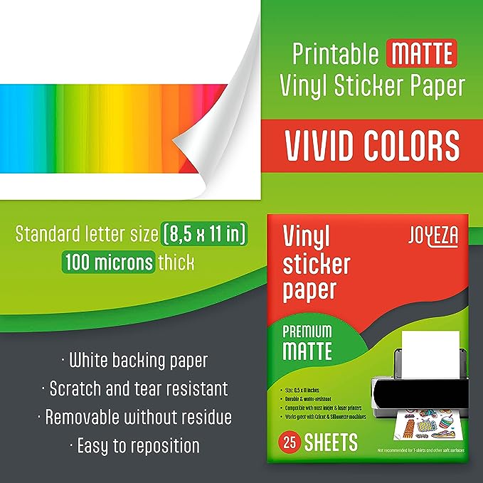 Premium Printable Vinyl Sticker Paper for Inkjet Printer - 25 Sheets Matte White Waterproof, Dries Quickly Vivid Colors, Holds Ink well- Tear Resistant - Inkjet & Laser Printer