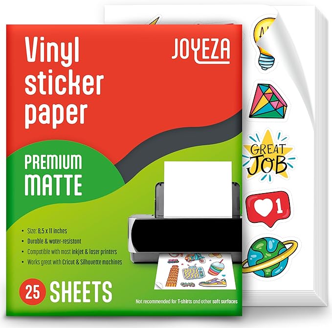 Premium Printable Vinyl Sticker Paper for Inkjet Printer - 25 Sheets Matte White Waterproof, Dries Quickly Vivid Colors, Holds Ink well- Tear Resistant - Inkjet & Laser Printer