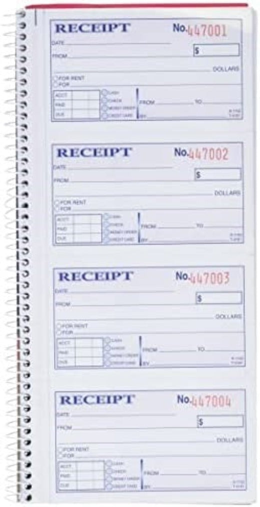 Money and Rent Receipt Book, 2-Part Carbonless, 5-1/4" x 11", Spiral Bound, 200 Sets per Book, 4 Receipts per Page (SC1152)