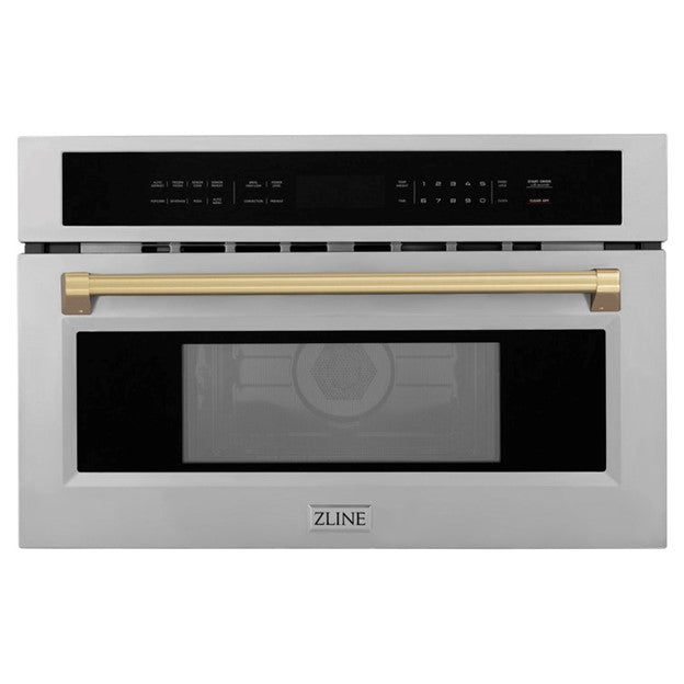 ZLINE autograph edition 29.75" 1.6 cu ft. 1000 - Watt Convection Built-In Microwave with Sensor Cooking in DuraSnow® Stainless Steel Champagne Bronze iItem No.MWOZ-30-SS-CB