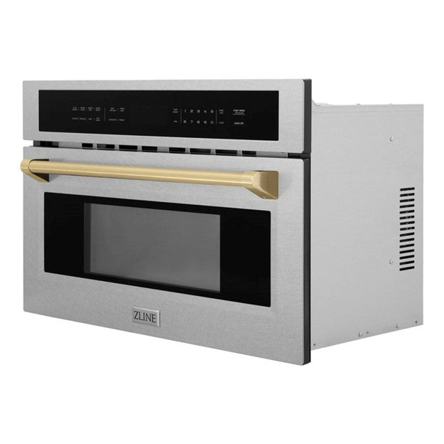 ZLINE autograph edition 29.75" 1.6 cu ft. 1000 - Watt Convection Built-In Microwave with Sensor Cooking in DuraSnow® Stainless Steel Champagne Bronze iItem No.MWOZ-30-SS-CB