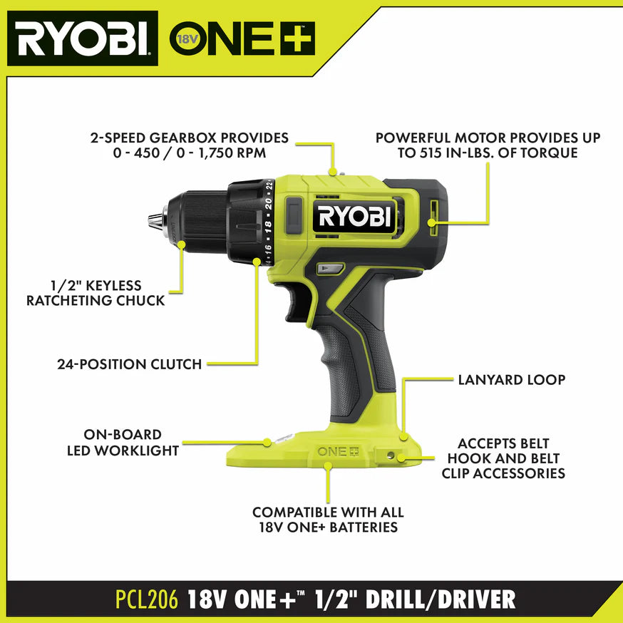 RYOBI ONE+ 18V Cordless 1/2 in. Drill/Driver Kit with (2) 1.5 Ah Batteries and Charger