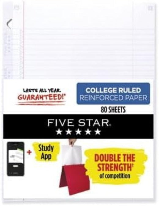 Five Star Loose Leaf Paper + Study App, Notebook Paper, College Ruled Filler Paper, Reinforced, Fights Ink Bleed, 8.5 x 11, 80 Sheets (170102),White (Pack of 2)